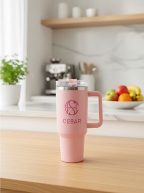 Personalized Pink Travel Tumbler with Handle - CESAR